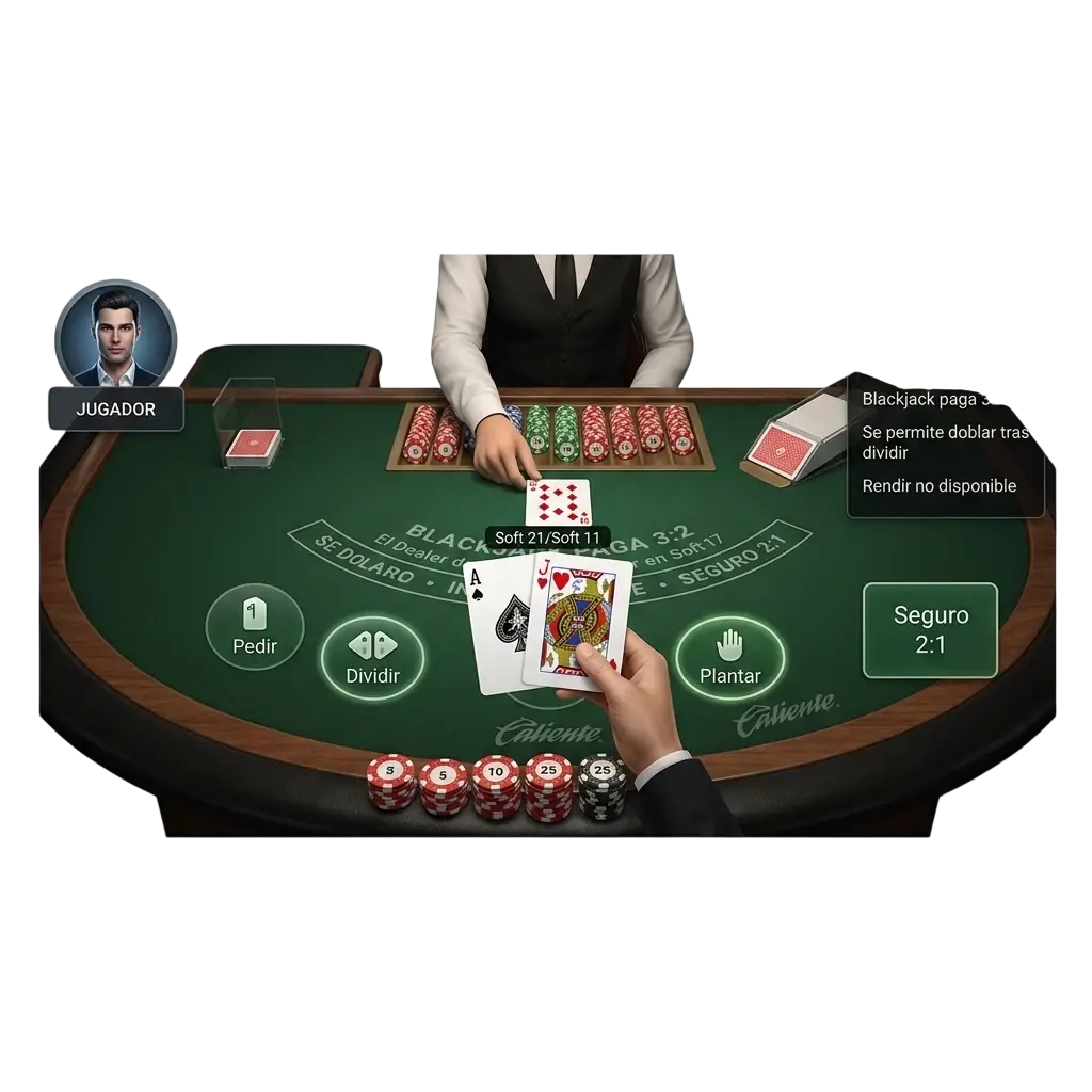Mesa de blackjack con cartas y fichas de casino