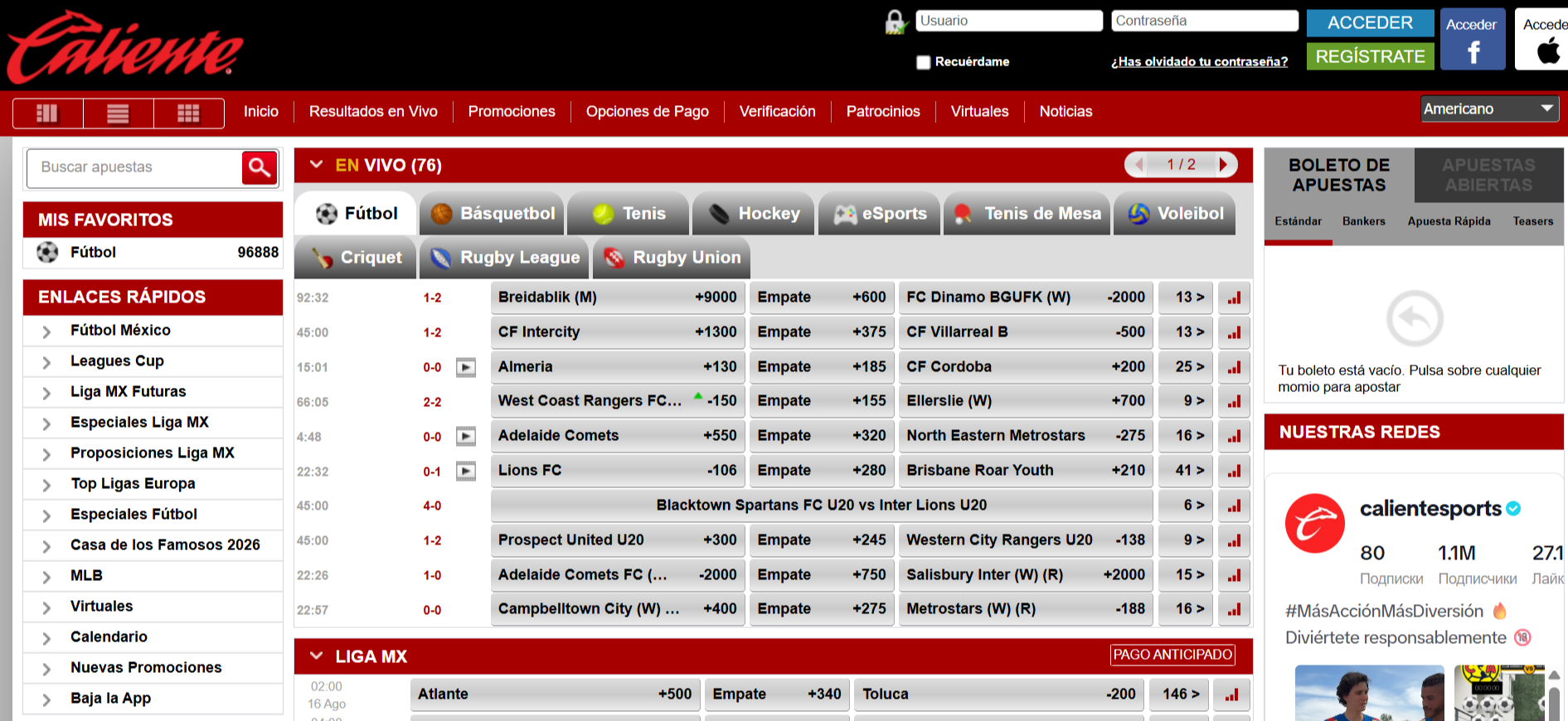 caliente betting screenshot