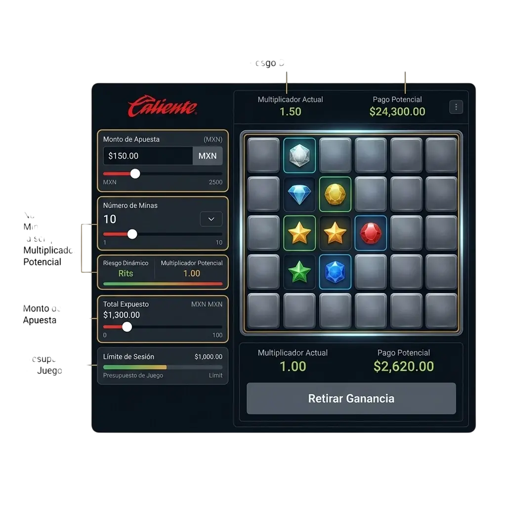 Cuadrícula de Mines con minas y multiplicadores visibles