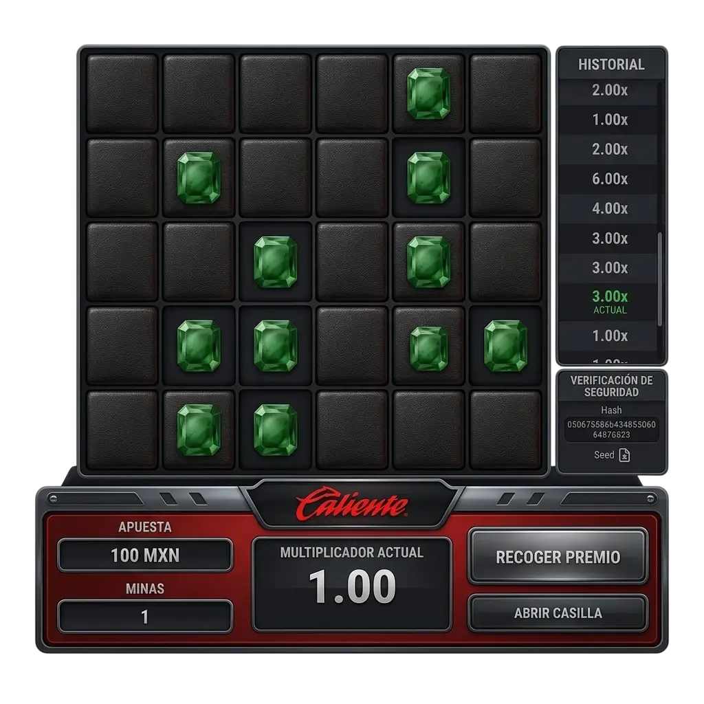 Cuadrícula de juego Mines en Caliente con celdas de gemas y minas